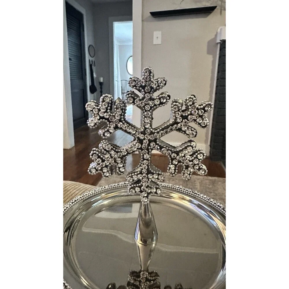 Silver Rhinestone Bling Snowflake 2 Tier Serving Dessert Appetizer Platter Tray